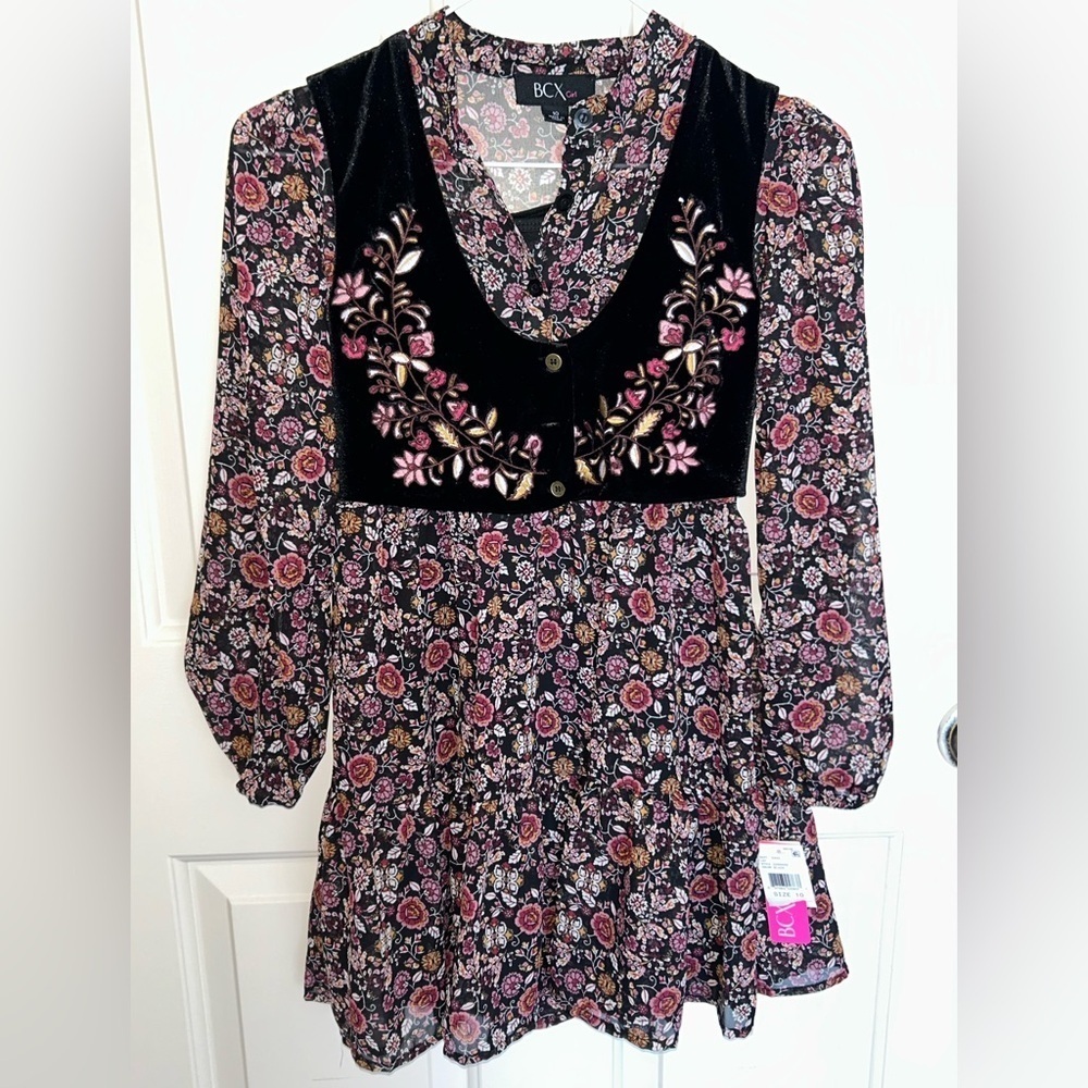 BCX Floral Long Sleeve Dress with Black Embroidered Vest Girls Sz 10 NWt